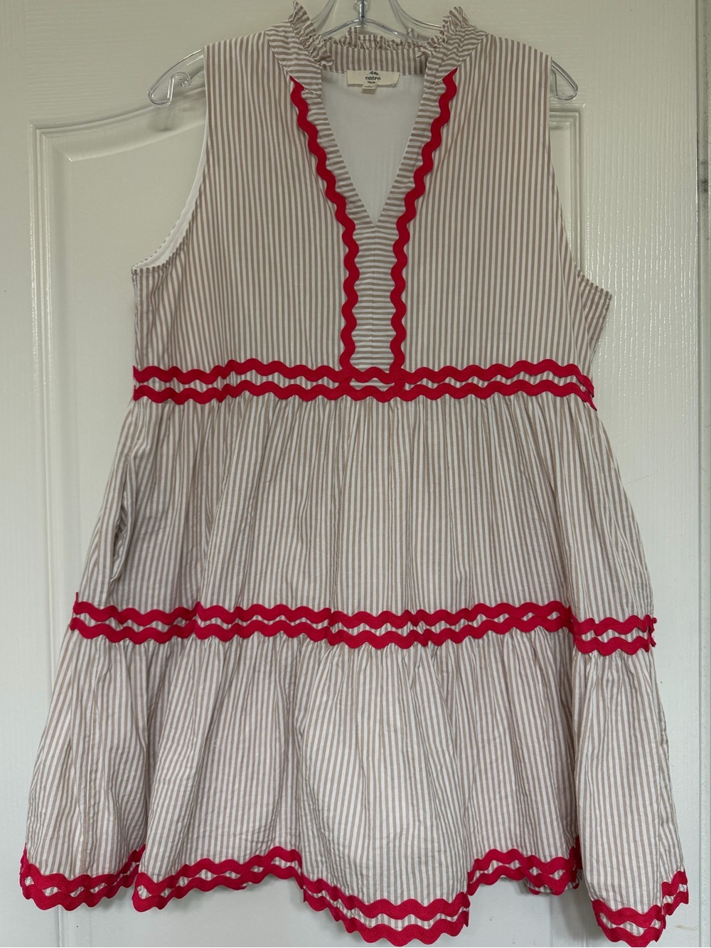 Entro Matilda Tan Striped Ric Rac Trim Tiered Mini Dress Cottagecore Coastal L